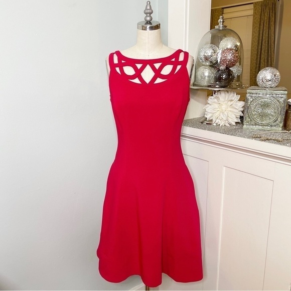 White House Black Market Red Fit & Flare Party Dress 4 Small - Picture 4 of 12